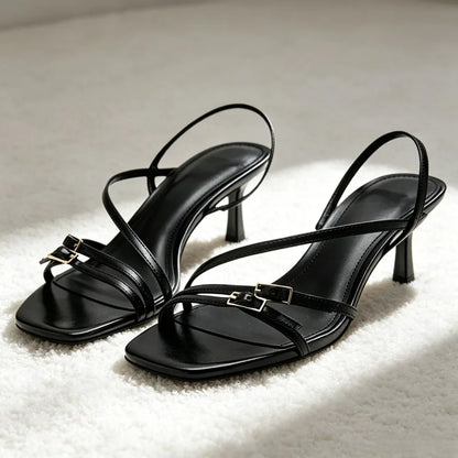Fashion Narrow Band Buckle Detail Heeled Sandals Women Elegant Square-toe Open-toe Slingback Heels Luxury Brand Designer Shoes