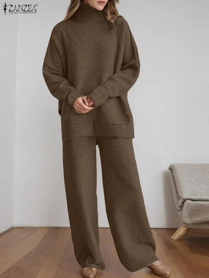 ZANZEA Women's Knitted 2 Pieces Pant Sets Casual Loose Turtleneck Long Sleeve Pullovers and Wide Leg Pant Suits Daily Outfits