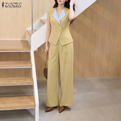 2026 ZANZEA Summer Lapel Neck Sleeveless Tanks Tops Trousers Suit Women 2 Piece Sets Elegant OL Work Pants Sets Patchwork Outfit