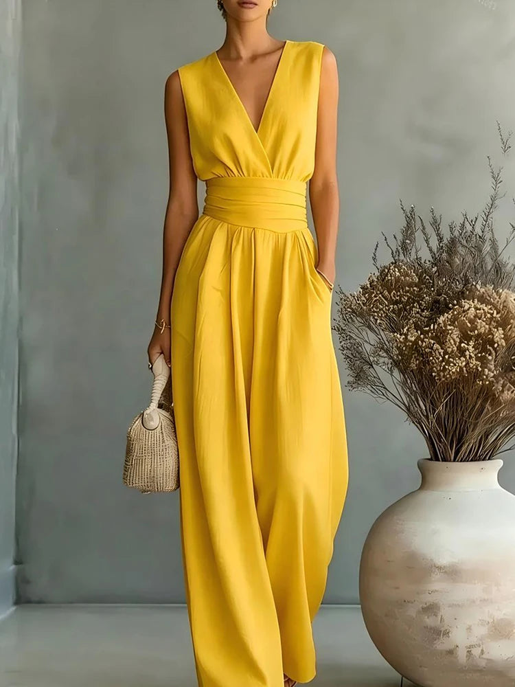 Women Elegant High Waist Jumpsuits Summer Short Sleeve Wide Leg Pants Romper Casual V Neck Solid Loose Jumpsuits Streetwear