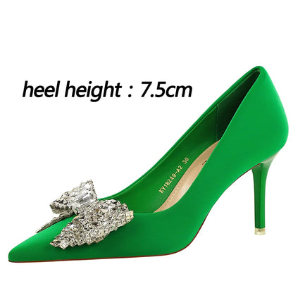 Women 7.5 cm 10.5 cm Heels Rhinestone Bow Women Pumps Silks Satins High Heels Stiletto Luxury Banquet Shoes Large Size 42 43