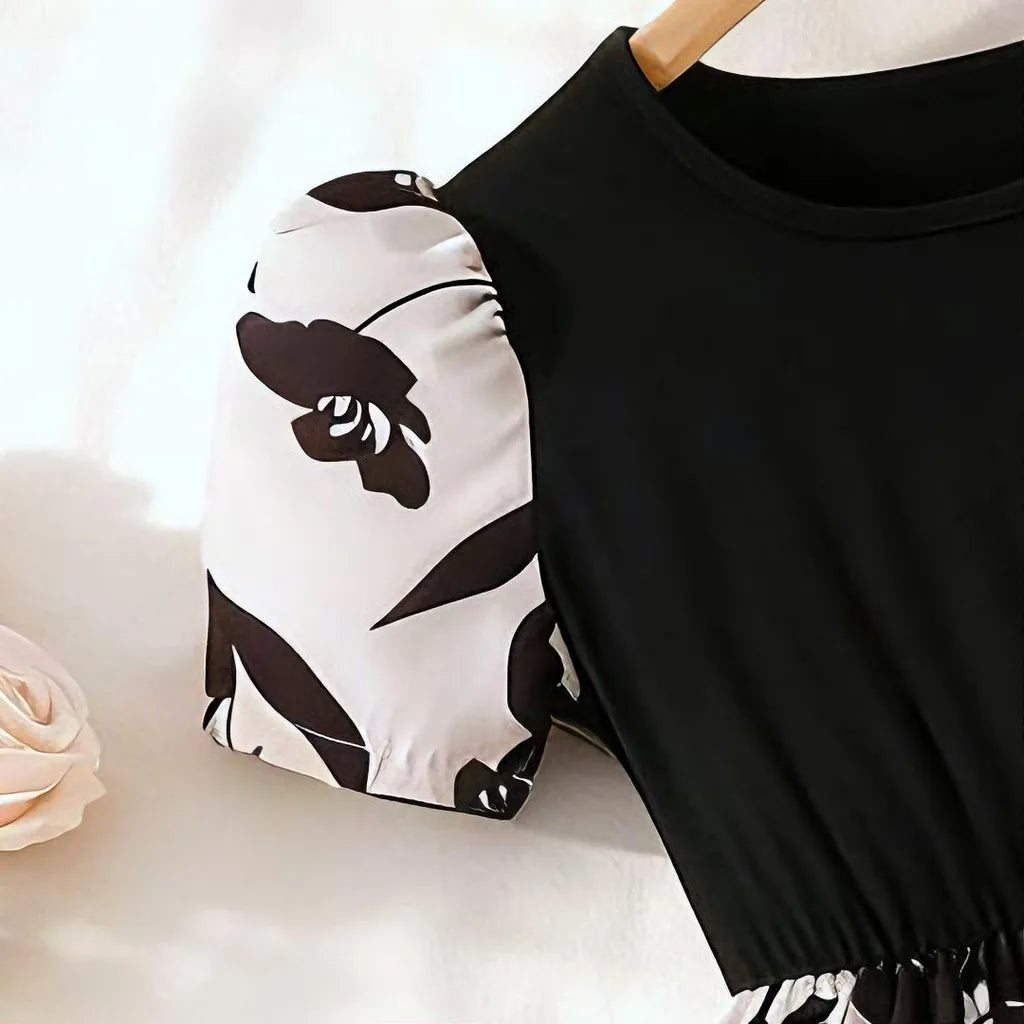 New Children Black Floral Dress Summer Short Sleeve Casual Vacation Kids Girl Dresses Cute Fashion Teen Dress 7 8 9 10 11 12 Yrs