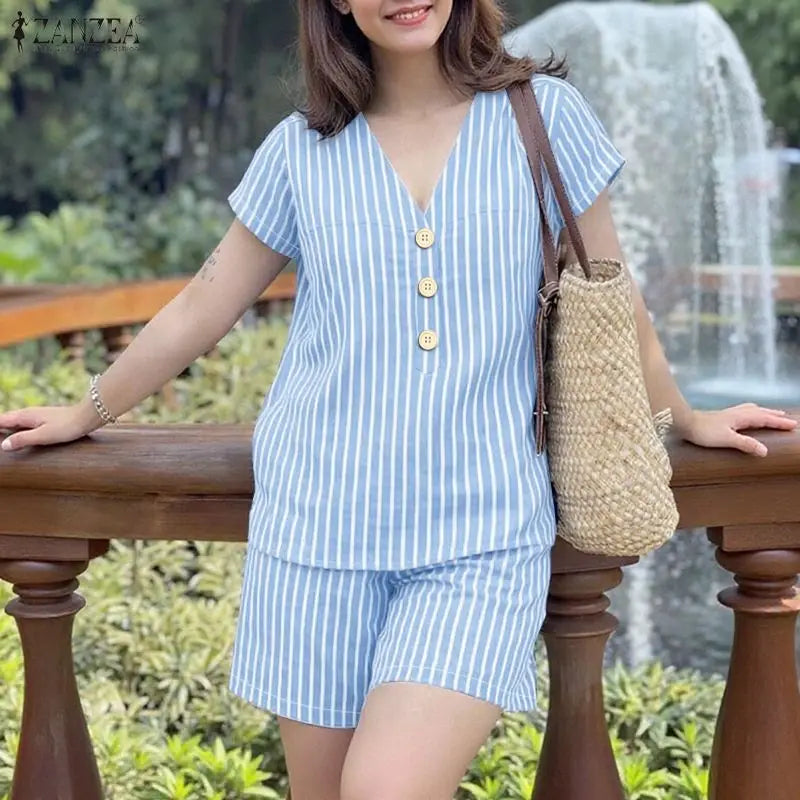 ZANZEA Fashion Summer 2 Piece Sets V Neck Short Sleeve Blouse Short Sets Women Casual Striped Outfits Holiday Tracksuit Oversize