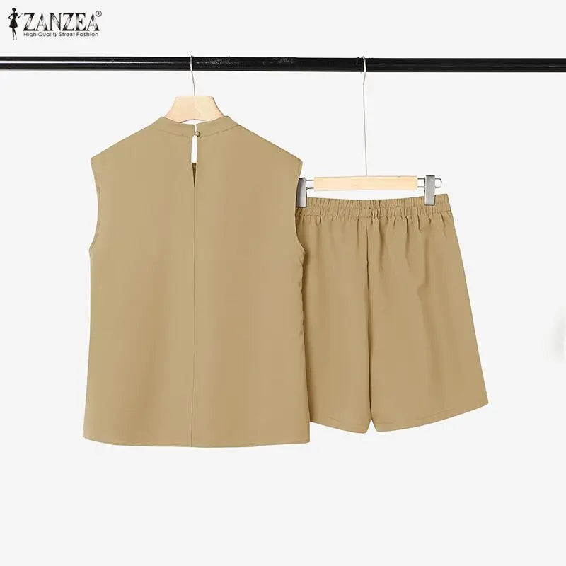 2026 ZANZEA Summer O Neck Sleeveless Tanks Tops Short Sets Stylish Women 2 Pieces Sets 2PCS Casual Holiday Outfits Tracksuit
