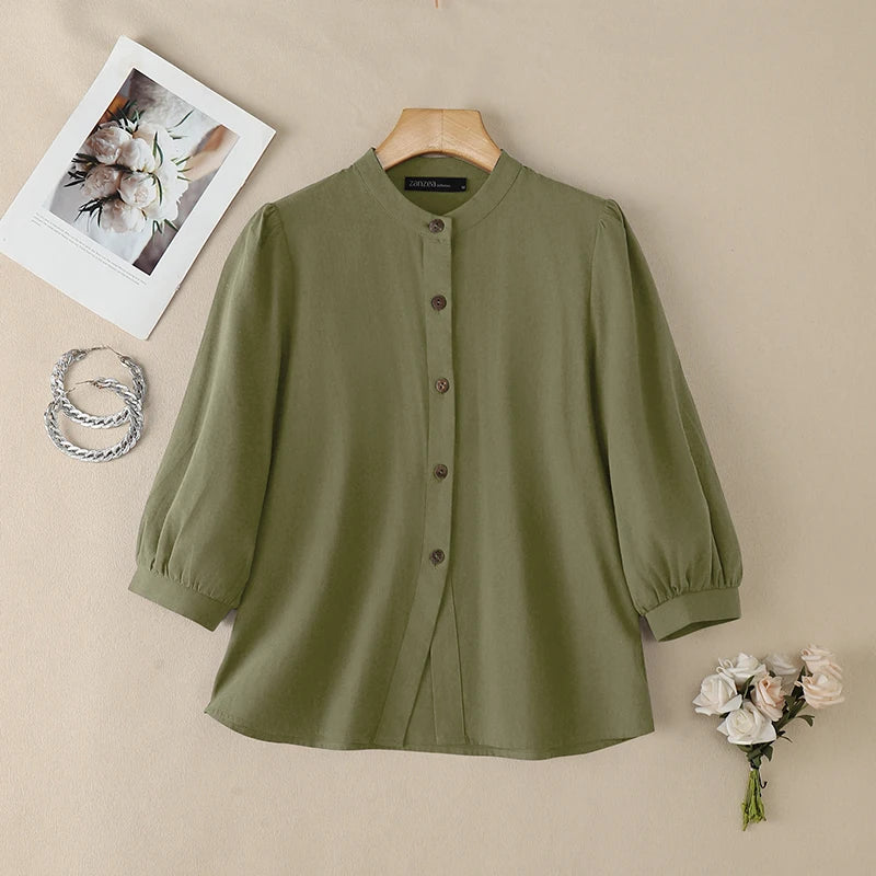 ZANZEA Women's Summer Cotton Shirts Minimalist Stand Collar 3/4 Puff Sleeve Button Up Tops Casual Loose Breathable Chemise Femme