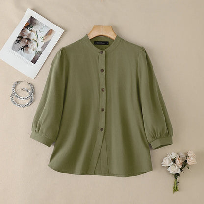 ZANZEA Women's Summer Cotton Shirts Minimalist Stand Collar 3/4 Puff Sleeve Button Up Tops Casual Loose Breathable Chemise Femme