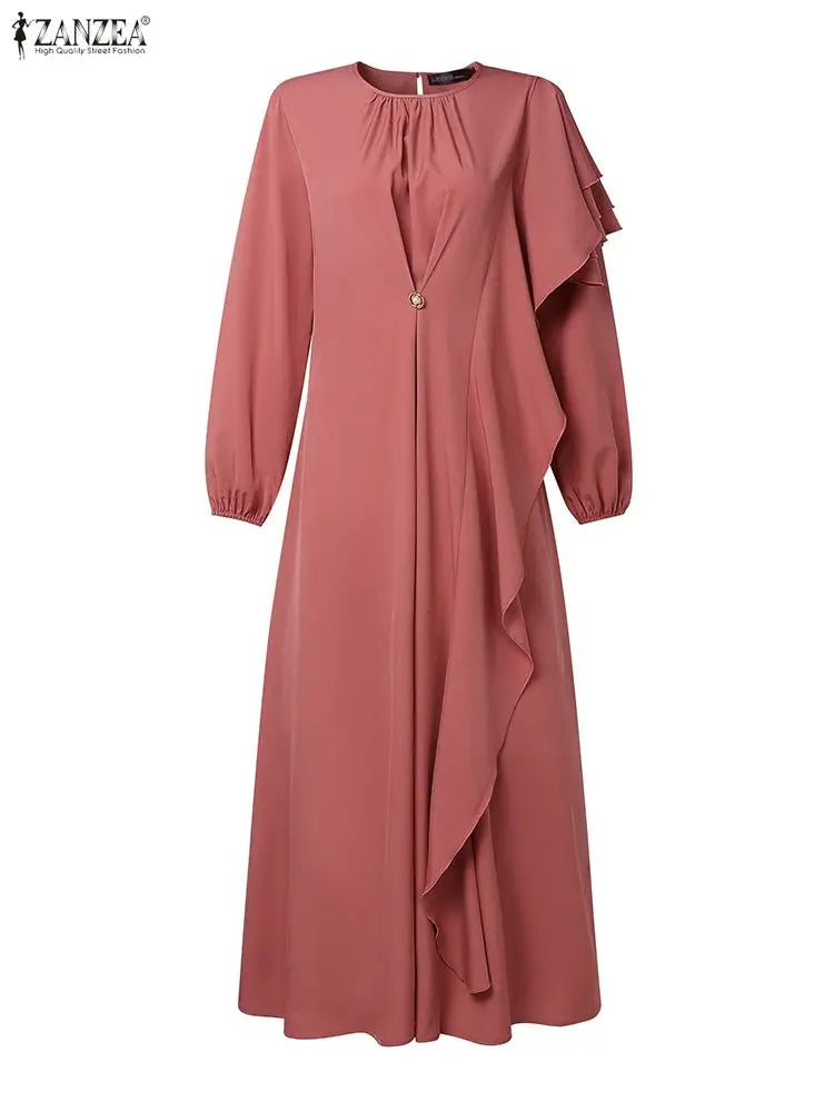 ZANZEA 2026 Women Elegant Long Sleeve Ruffled Dress Muslim Abaya Dress Ramadan Dubai Hijab Sundress IsIamic Robe Kaftan Vestidos