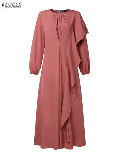 ZANZEA 2026 Women Elegant Long Sleeve Ruffled Dress Muslim Abaya Dress Ramadan Dubai Hijab Sundress IsIamic Robe Kaftan Vestidos