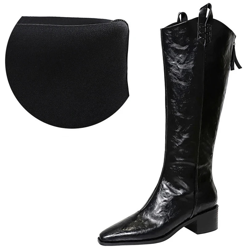 BIGTREE Spring Autumn Pointed Toe Knee-High Boots Women Designer Vintage Square Low Heels Shoes Modern Long Botas Para Mujer