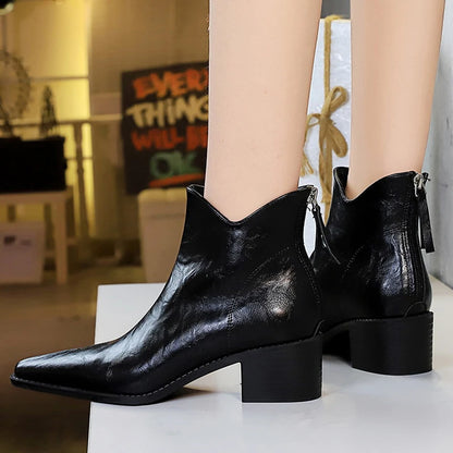 Retro Scratch Pattern Women's Boots, Thick Heel, Pointed Toe Short Boots , Slimming Women Ankle Boots Mid Heel Leather Boots