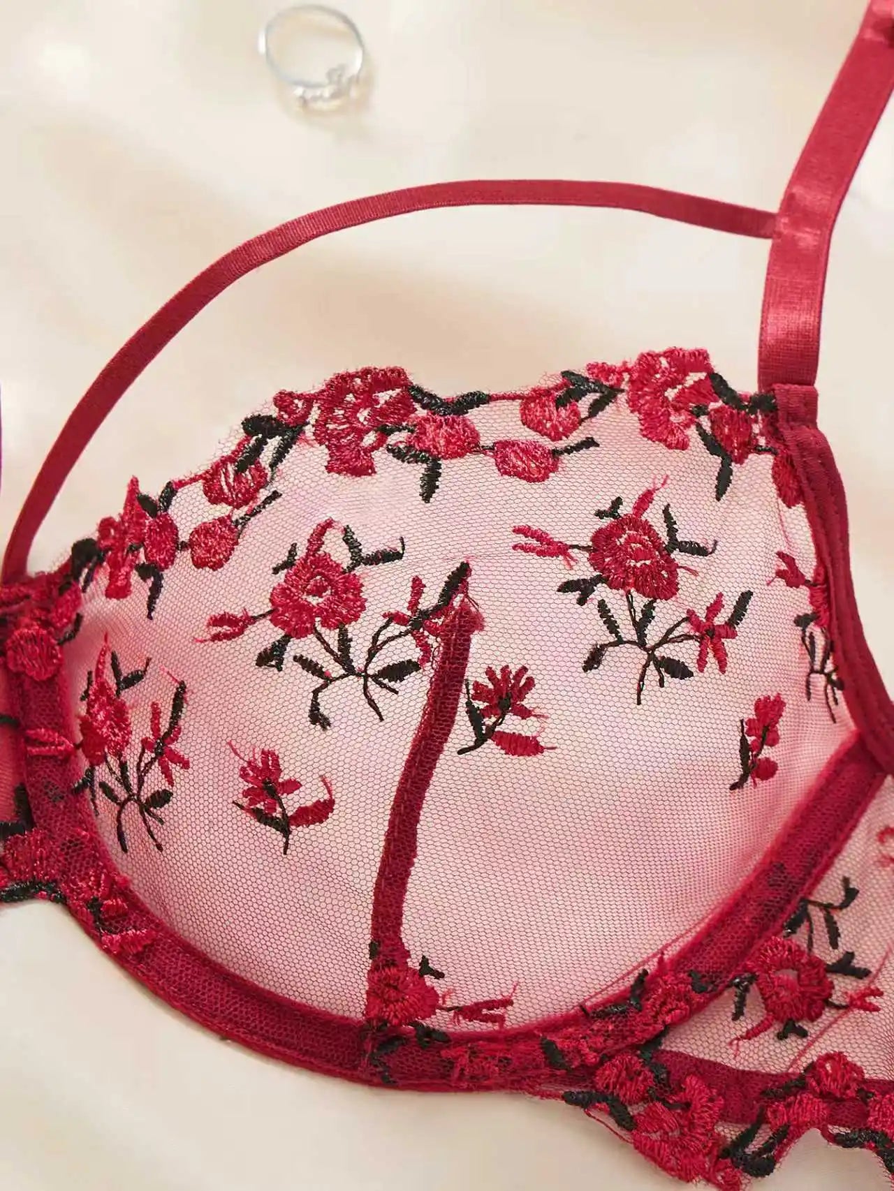 Women WineRed Floral Embroidery Lingerie Set Sheer Mesh Underwire Bra & Adjustable Thong 2‑Piece Intimate Underwear S‑XL