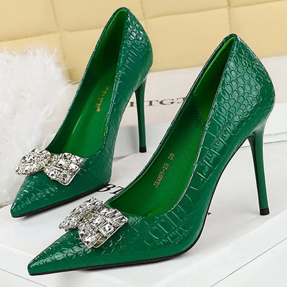 BIGTREE Shoes White High-Heeled Shoes 10 cm Stilettos Heels Stone Patterned Patent Leather Women Pumps Rhinestone Party Shoes