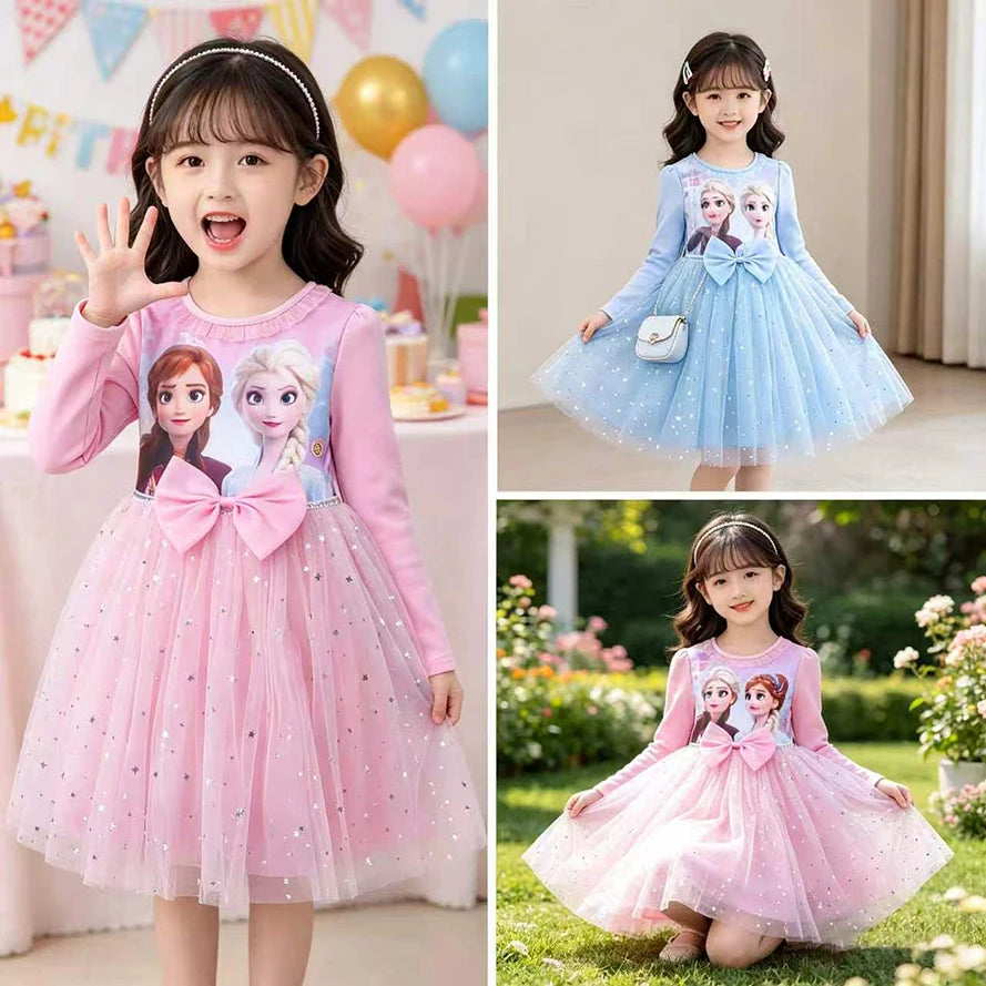 2026 New Snow Queen Dress for Girls Long Sleeve Cotton Lining Puffy Tulle Tutu Princess Gown Kids Birthday Party Clothes Blue