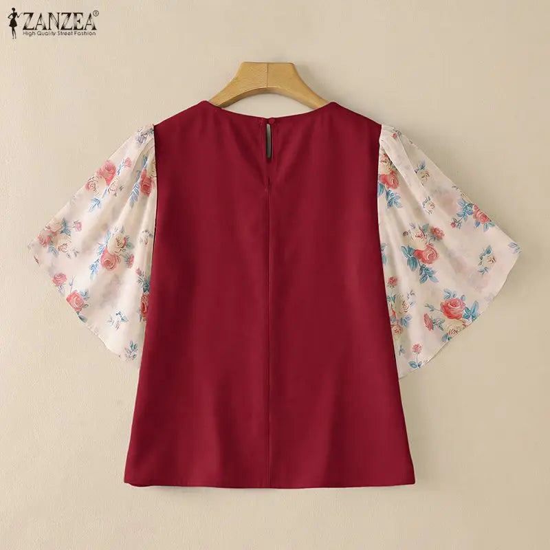 ZANZEA Women's Bow Detail Blouses Elegant O-Neck Floral Printed Chiffon Patchwork Sleeves Tops Summer Daily Wear Blusas de Mujer