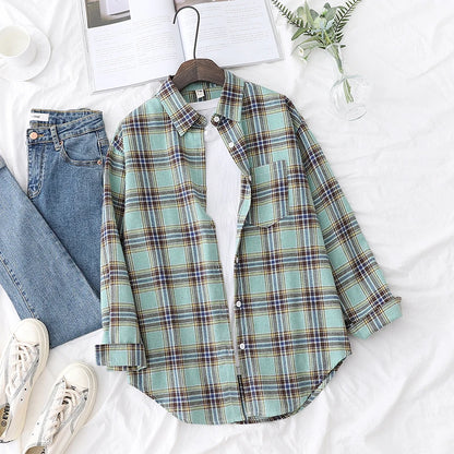 Fresh Flannel Plaid Shirt Women 2026 New Female Blouses and Tops Cotton Loose Long Sleeve Casual Shirts Fine Women's Clothes