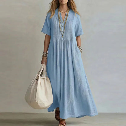Retro Solid Cotton Linen Maxi Dress Woman Spring Sexy V Neck Draped Pocket Long Dress Summer Short Sleeve High Waist Party Dress