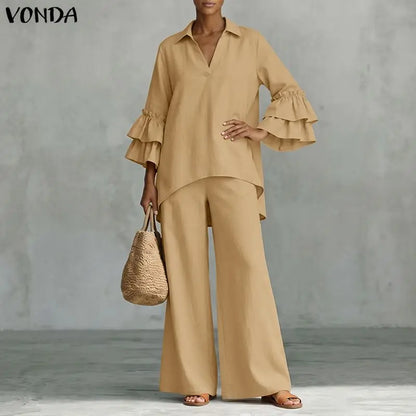 Plus Size Outfits Women Two Piece VONDA Ruffle Sleeve Asymmetrical Hem Tops Wide Leg Pants Sets Elegant V Neck 3/4 Sleeve Suits
