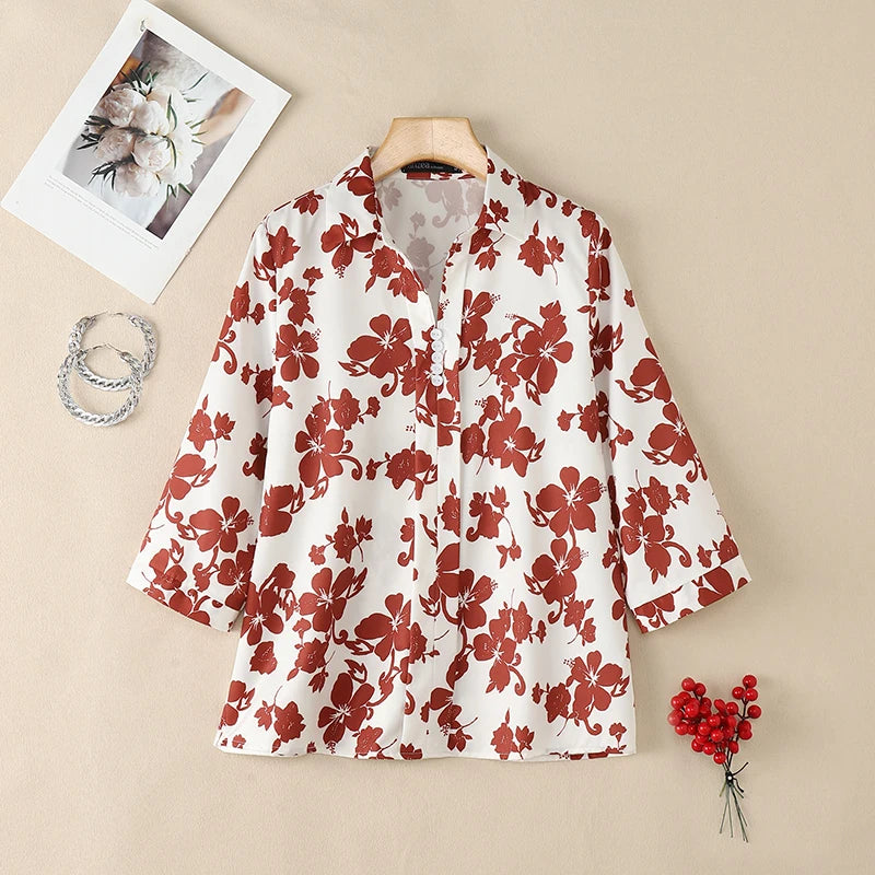 ZANZEA Women's Floral Print Blouses Turn-Down Collar 3/4 Sleeve Loose Pullover Tops Spring Summer Daily Casual Blusas de Mujer