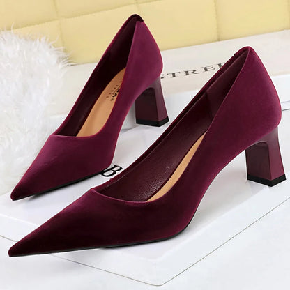 BIGTREE Shoes Suede Women Pumps Thick Heel Ladies Shoes Pointed High Heels Fashion Banquet Shoes Sexy Party Shoes Kitten Heels