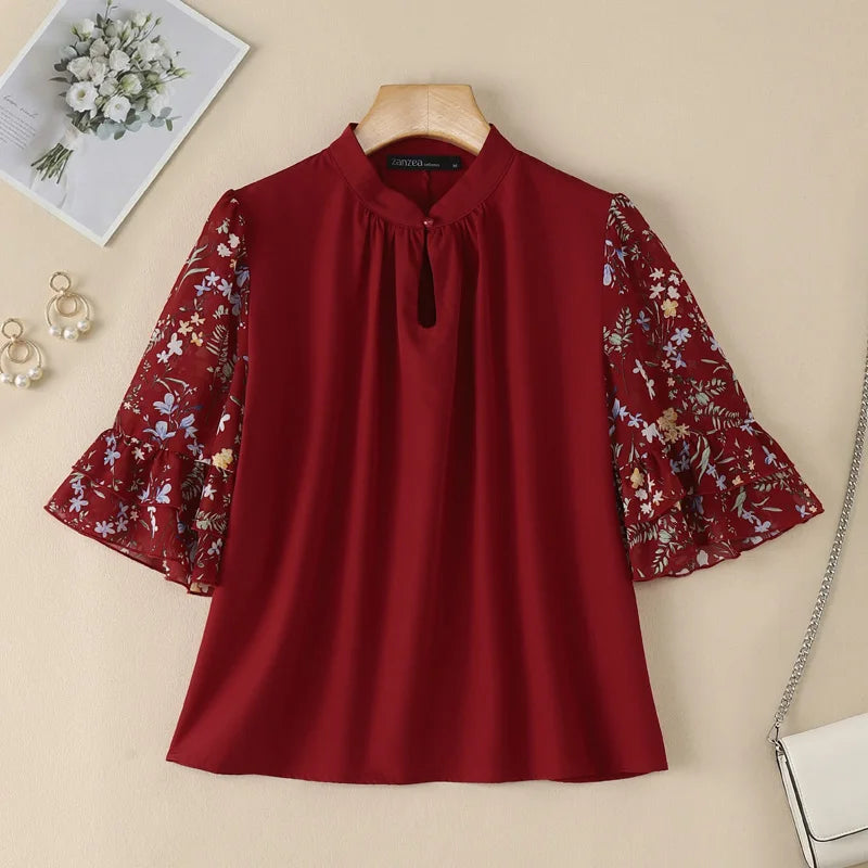 ZANZEA Women's Vintage Mandarin Collar Blouses Floral Chiffon Half Flare Sleeve Patchwork Tops Elegant Casual Blusas de Mujer