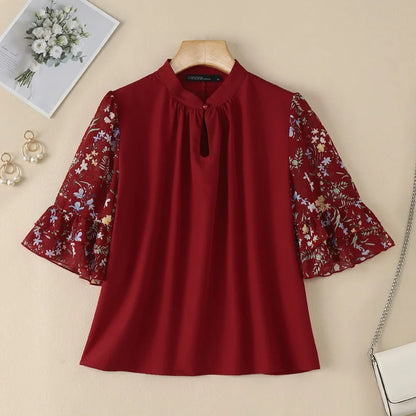 ZANZEA Women's Vintage Mandarin Collar Blouses Floral Chiffon Half Flare Sleeve Patchwork Tops Elegant Casual Blusas de Mujer