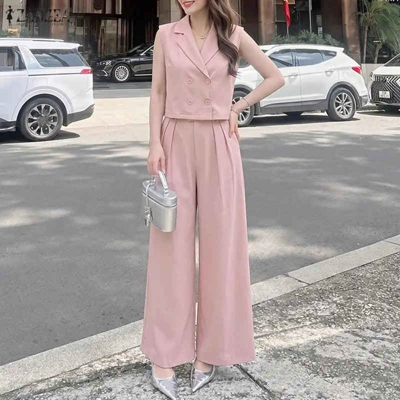ZANZEA Women's Elegant Pant Sets Lapel Collar Sleeveless Top & Wide Leg Pant 2 Piece Suits Office Lady Commute Work Outfits