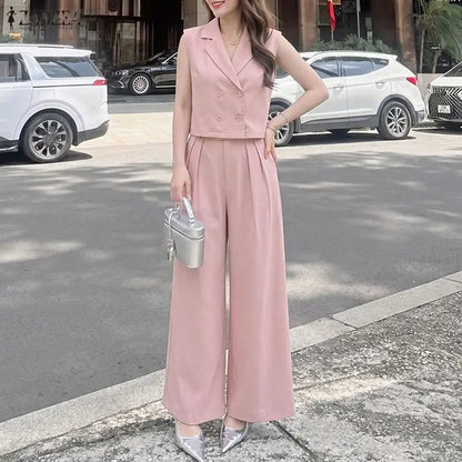 ZANZEA Women's Elegant Pant Sets Lapel Collar Sleeveless Top & Wide Leg Pant 2 Piece Suits Office Lady Commute Work Outfits