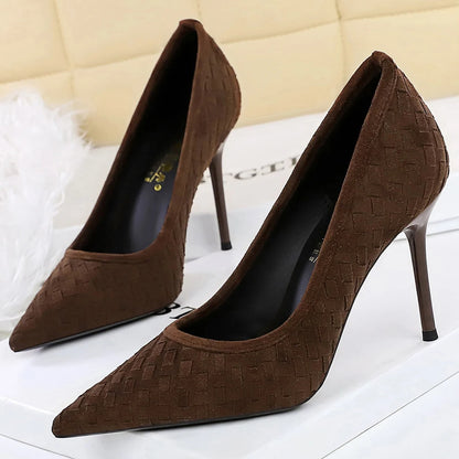 BIGTREE Shoes Grid Suede Design Women Pumps Stiletto 9.5 CM Sexy Party Shoes Pointed Tip High Heels Ladies Shoes Office Shoes