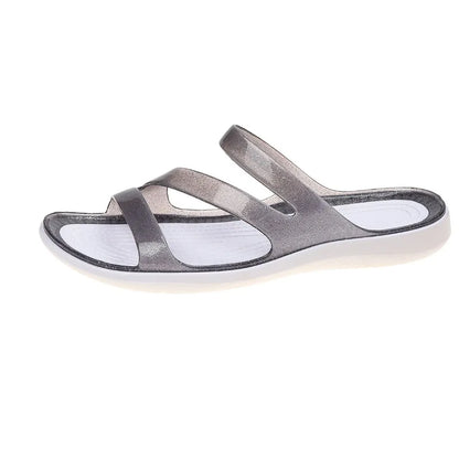 Women Open Crisscross Glitter Jelly Slide Sandals Light Flat Integrated Anti-Slip Beach Pool Vacation Daily Slip-On Footwear