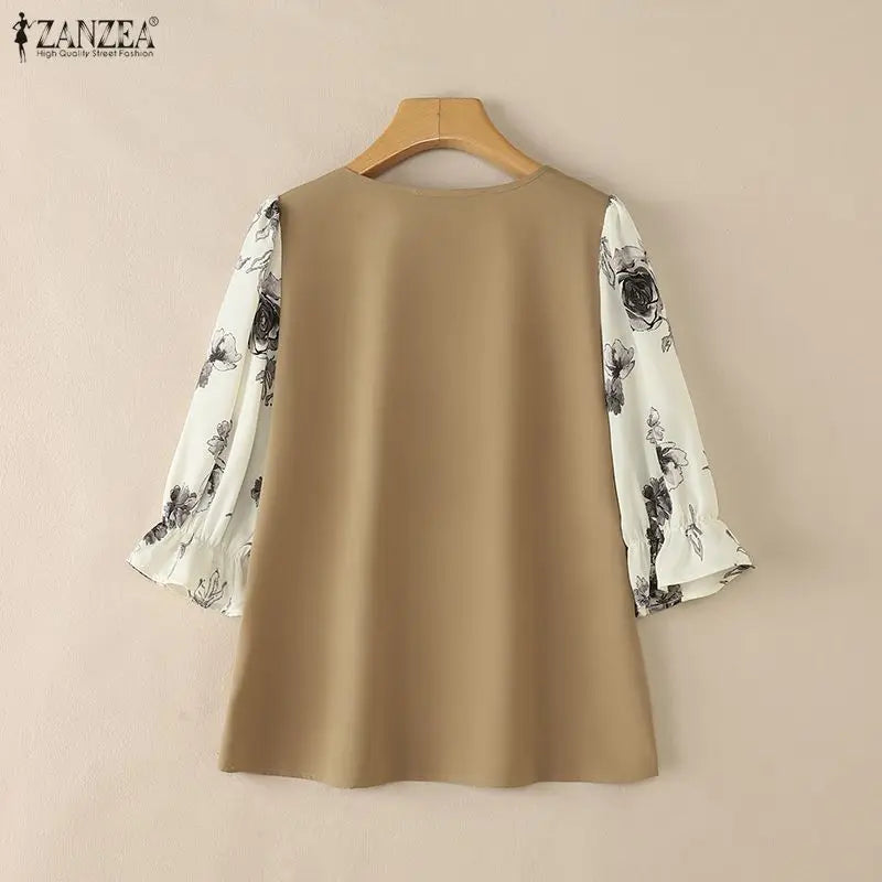 ZANZEA Woman Elegant Bow Detail Blouses Square Neck Floral Printed 3/4 Sleeves Contrast-Color Tops Spring Summer Blusas de Mujer
