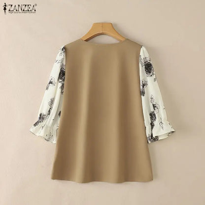 ZANZEA Woman Elegant Bow Detail Blouses Square Neck Floral Printed 3/4 Sleeves Contrast-Color Tops Spring Summer Blusas de Mujer