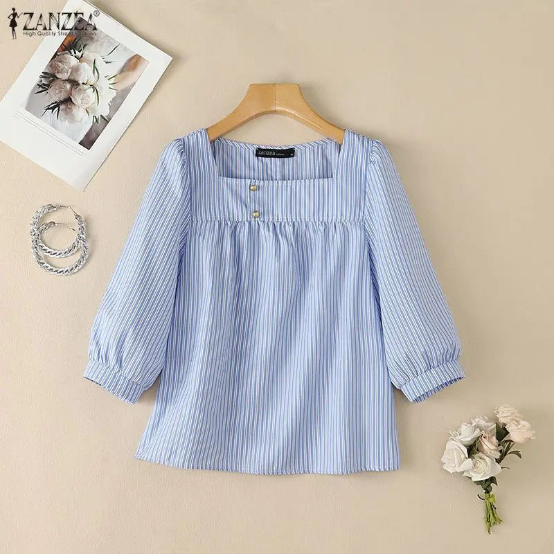 ZANZEA Women Striped Blouse Square Neck 3/4 Puff Sleeve Button Casual OL Work Party Tops Summer Autumn Blusas Oversize Tunic
