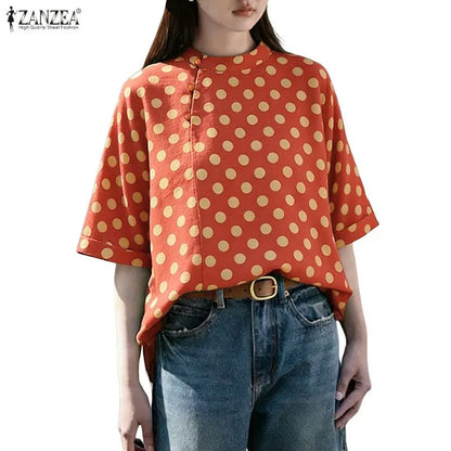 ZANZEA Summer Woman Polka Dot Blouses Vintage Mandarin Collar Half Sleeve Loose Tops Casual Daily Cotton Linen Blusas de Mujer