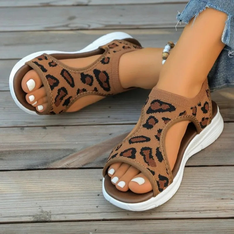 Women's Casual Sandals Open Toe Low Platform Heel Animal Pattern Slip on Sporty Slingback Outdoor Walking Footwear Knit Upper