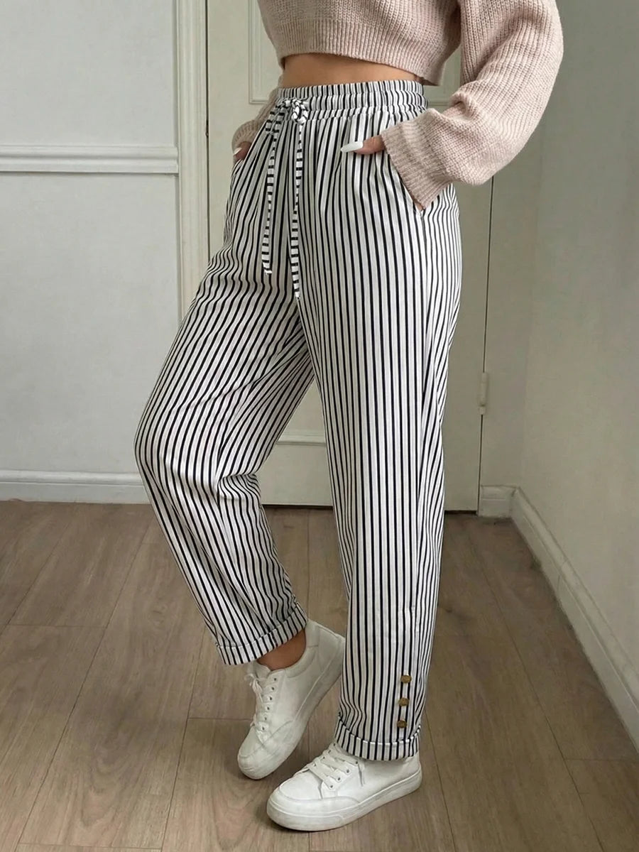 Women Plus Size High Waist Striped Pants Drawstring Casual Wide Leg Trousers Autumn Fashion Female Chill Streetwear Black White