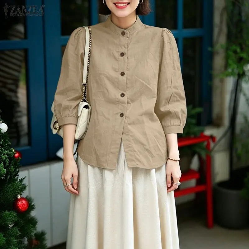 ZANZEA Women's Summer Cotton Shirts Minimalist Stand Collar 3/4 Puff Sleeve Button Up Tops Casual Loose Breathable Chemise Femme