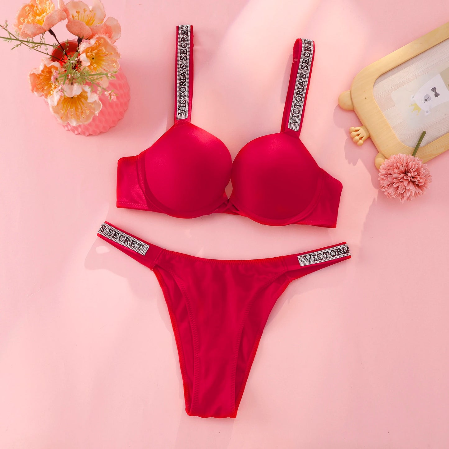 Victoria s Secret Rhinestone Logo Shoulder Straps Lace Underwear Sexy Lingerie Set Push Up Bra And Panties Set For Women
