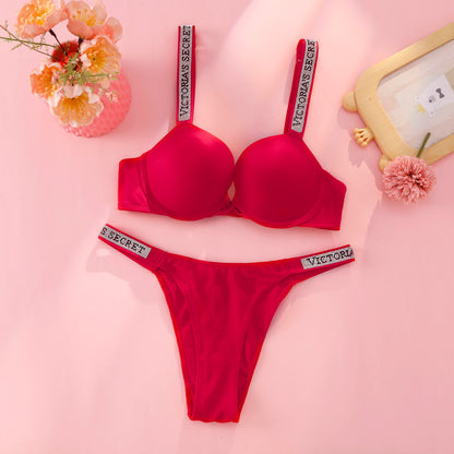 Victoria s Secret Rhinestone Logo Shoulder Straps Lace Underwear Sexy Lingerie Set Push Up Bra And Panties Set For Women