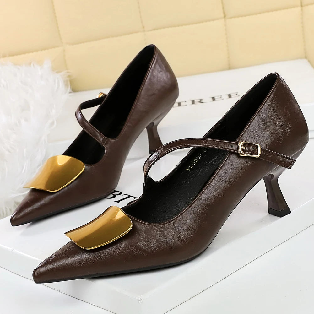BIGTREE Shoes Metal Decoration Women Pumps Kitten Heels 6 cm Pointed Women Shoes Stiletto Retro Middle Heel Shoes Banquet Shoes