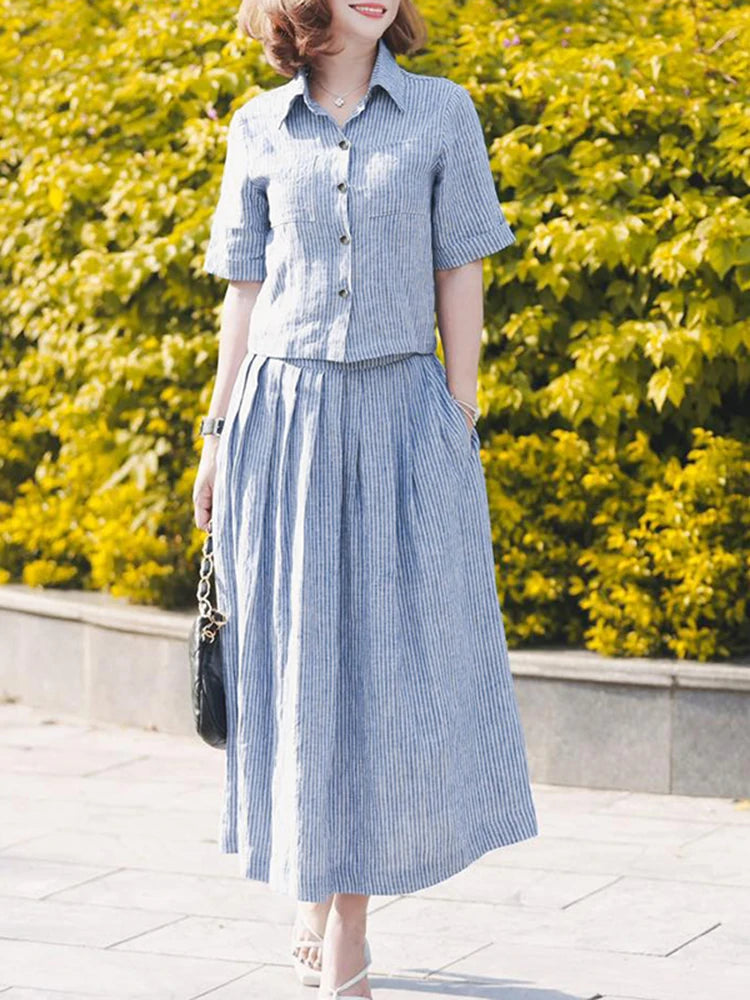 ZANZEA Stylish Office Women Outfits Summer 2 Piece Sets Elegant Lapel Neck Short Sleeve Shirt Midi Dress Sets Stripe Tracksuit