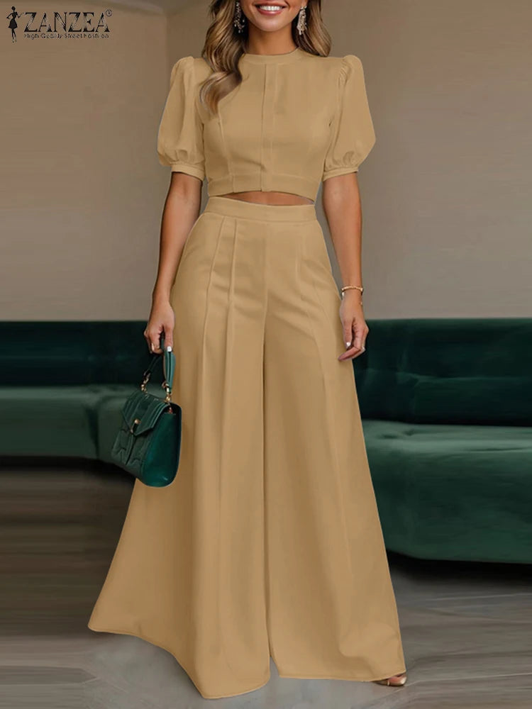 ZANZEA Women's Pant Sets 2 Piece Elegant Chic Short Crop Tops & Wide Leg Pants Two Piece Outfits Trouser Suits Woman Clothes 3XL