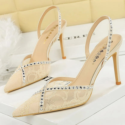 Sexy High-heeled Sandals Women Shoes Rhinestone Design High Heels Women Pumps Lace Mesh Stiletto Heels 9 cm Summer Sandals Lady