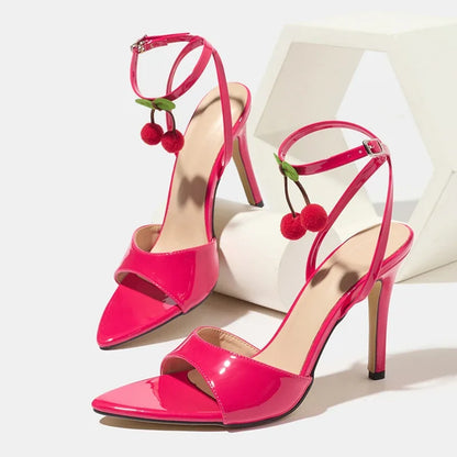 Cute Fruit Pendant Decoration Pink Ankle Strap Heeled Sandals Women Summer Sexy Open Toe High Heels for Ladies Party Dress Shoes