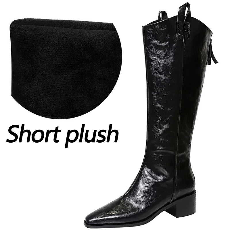 BIGTREE Spring Autumn Pointed Toe Knee-High Boots Women Designer Vintage Square Low Heels Shoes Modern Long Botas Para Mujer