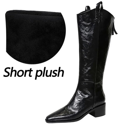 BIGTREE Spring Autumn Pointed Toe Knee-High Boots Women Designer Vintage Square Low Heels Shoes Modern Long Botas Para Mujer