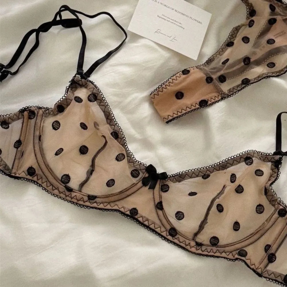 Ladies Polka Dot Lace Embroidery Bra Panty Set Soft Underwire Sheer Mesh Unlined Support Everyday Intimate Lingerie 32-38 Suit