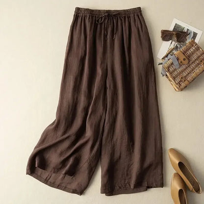 Black Cotton Linen Casual Elastic High Waist Loose Women's Pants Korean Fashion Wide Leg Ankle-Length Pants For Women 2025