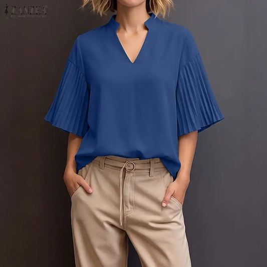 ZANZEA Woman Minimalist Blouses Casual Stand Collar Accordion Pleats Patchwork Half Sleeves Solid Color Tops Daily Wear Blusas