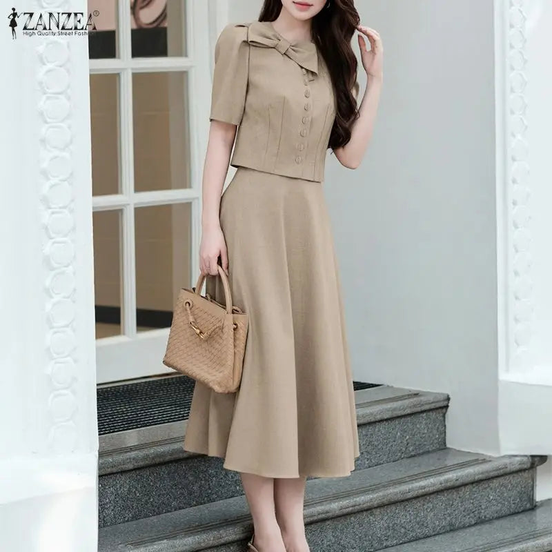 2026 ZANZEA Summer Outfits Elegant Women OL Work Dress Sets Short Sleeve Cropped Shirt A Line Skirt Suit Office 2 Pieces Sets