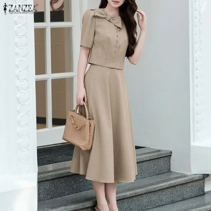 2026 ZANZEA Summer Outfits Elegant Women OL Work Dress Sets Short Sleeve Cropped Shirt A Line Skirt Suit Office 2 Pieces Sets